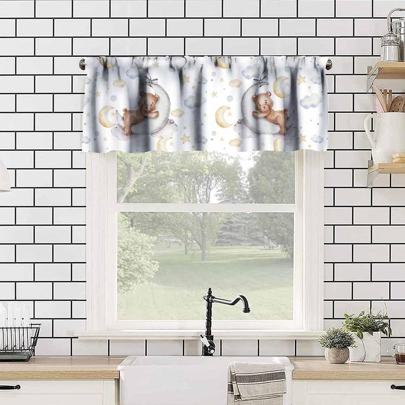 JanJCurt Cartoon Bear Window Valance, Cute Teddy Bear Sleeps Watercolor Moon Stars Print Blackout Short Window Curtain for Kitchen Baby Bedroom Nursery Living Room, 54x18inch - Image 4